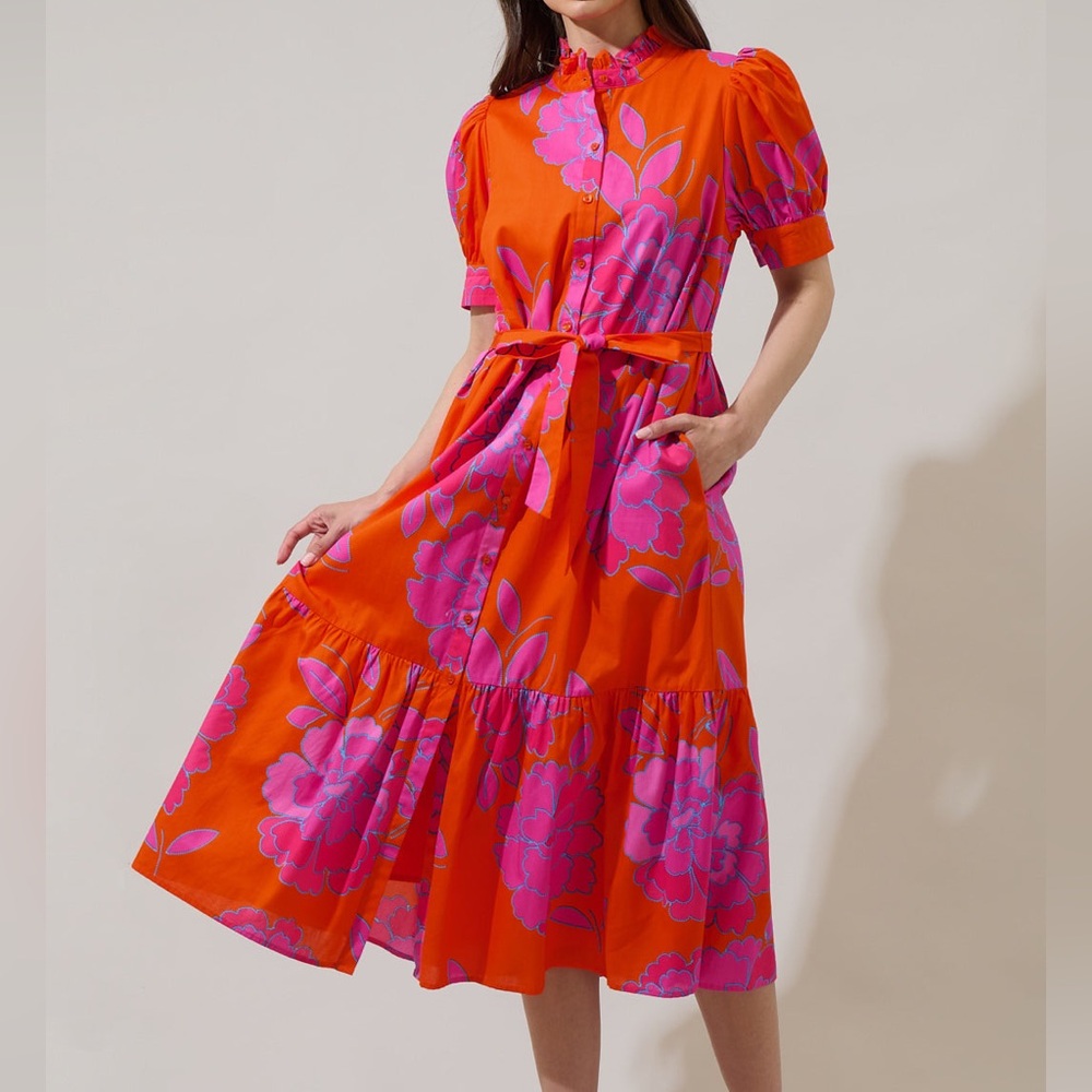 Sugarlips Orange Pink Nalani Floral Giles Tiered Midi Dress Puff Sleeve Size